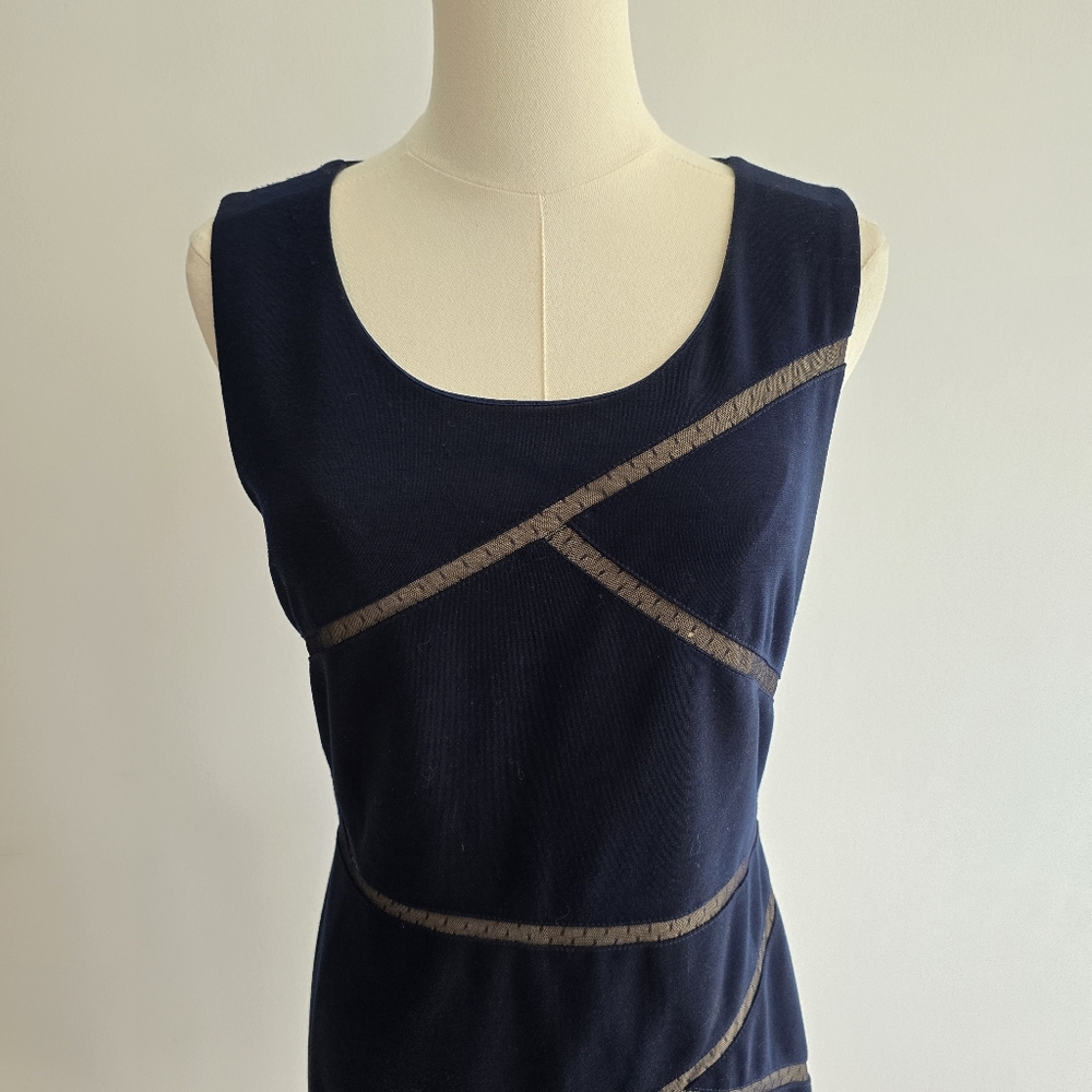 Aryn K Asymmetrical Navy Sheer Shift Dress - Size Medium